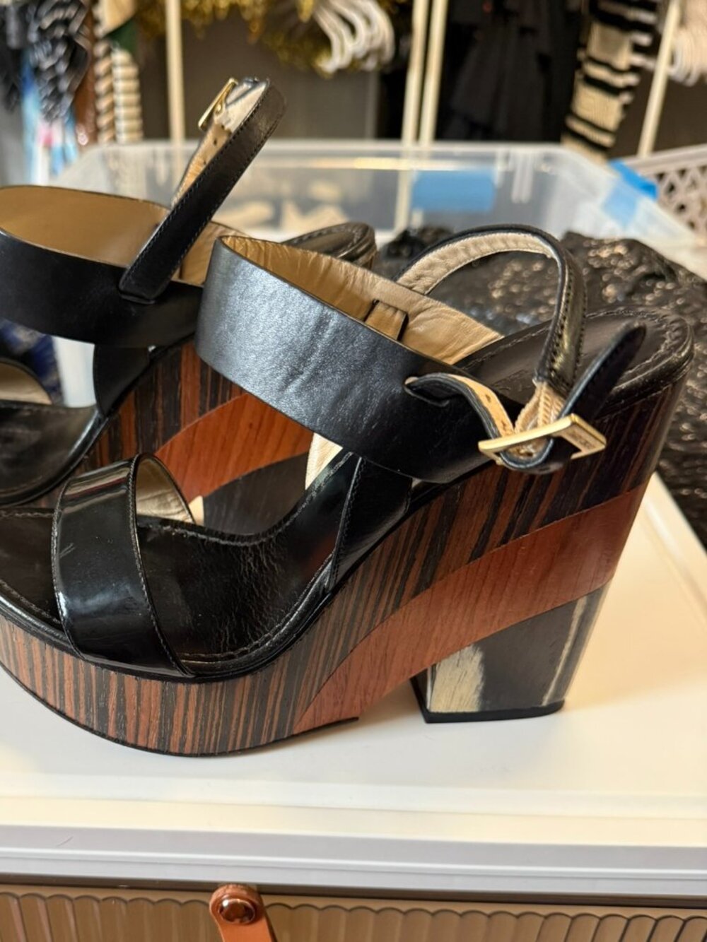 Jimmy Choo Patent Wood Wedge Sandal Size 39